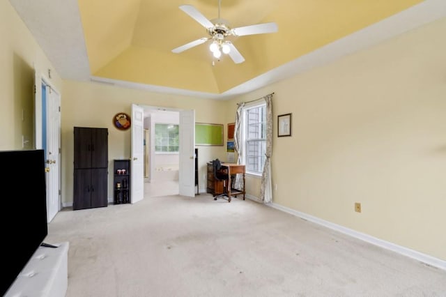 570 White Stag Ct, Suwanee, GA 30024 - home office with a raised ceiling, carpet flooring, a ceiling fan, and baseboards