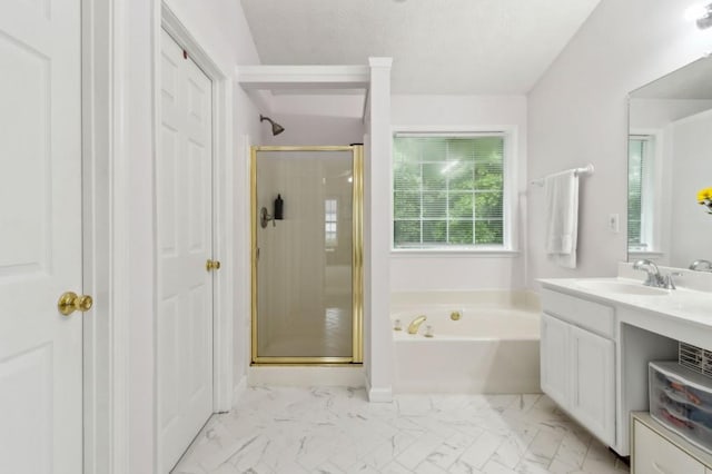 570 White Stag Ct, Suwanee, GA 30024 - full bathroom featuring a shower stall, a garden tub, vanity, and marble finish flooring