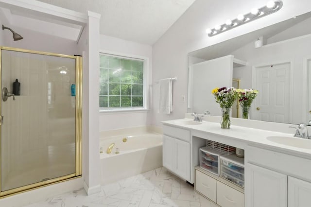 570 White Stag Ct, Suwanee, GA 30024 - full bath featuring double vanity, a garden tub, a shower stall, marble look tile flooring, and vaulted ceiling