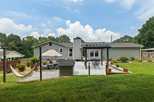 2711 Bluffton Rd, Buford, GA 30519 - rear view of house with a pergola, a patio area, outdoor lounge area, a chimney, and roof with shingles