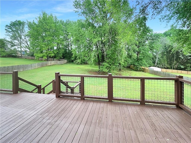 deck with a lawn and a fenced backyard