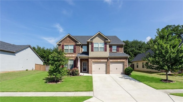 craftsman inspired home with brick siding, concrete driveway, fence, a garage, and a front lawn