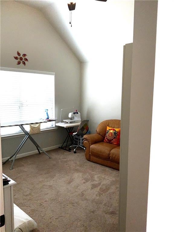 office space featuring carpet floors and lofted ceiling