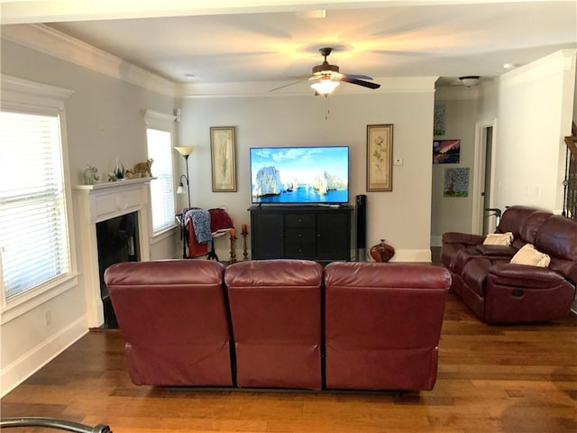 living area featuring baseboards, a fireplace, ornamental molding, and wood finished floors