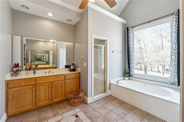 full bath with recessed lighting, vanity, a shower stall, a bath, and tile patterned floors