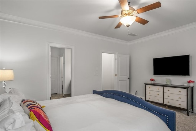 bedroom featuring ceiling fan, carpet, and ornamental molding