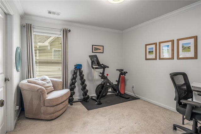 office featuring visible vents, carpet floors, baseboards, and ornamental molding