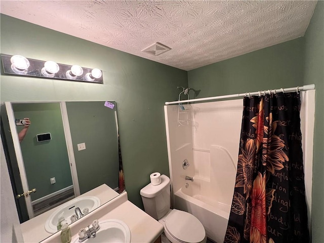 full bathroom featuring a textured ceiling, toilet, visible vents, shower / bathtub combination with curtain, and vanity