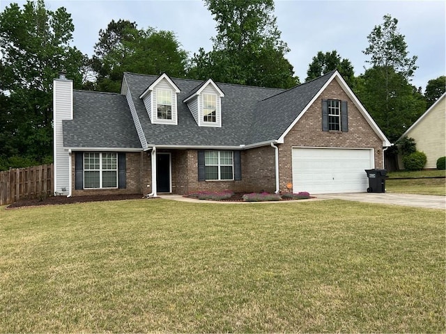 cape cod home with concrete driveway, a shingled roof, fence, a front yard, and brick siding