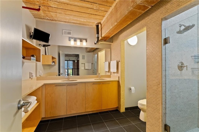 170 Boulevard Se E120, Atlanta, GA 30312 - full bath with double vanity, wooden ceiling, tile patterned floors, and a shower stall