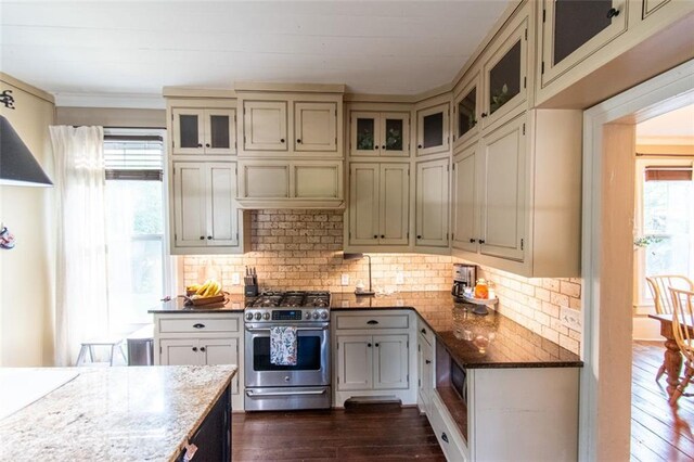 kitchen featuring backsplash, dark stone countertops, dark hardwood / wood-style flooring, and stainless steel stove