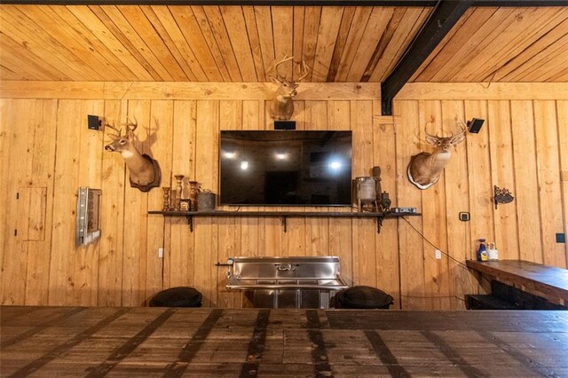 interior space with wood ceiling, wooden walls, and beam ceiling