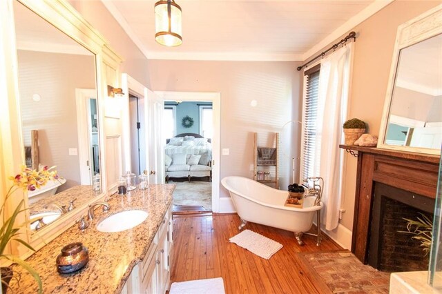 bathroom featuring wood-type flooring, vanity, and a tub