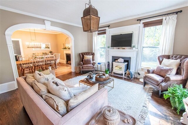 living room featuring ornamental molding, a wood stove, a healthy amount of sunlight, and dark hardwood / wood-style flooring