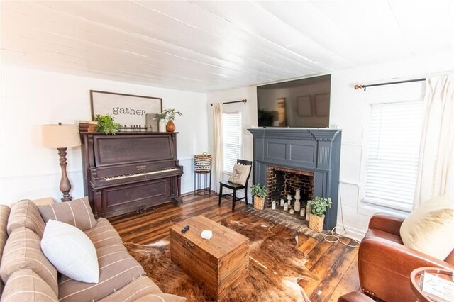 living room with dark hardwood / wood-style flooring