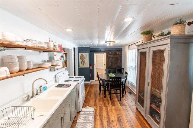 kitchen with white electric range oven, sink, dark hardwood / wood-style flooring, and gray cabinets