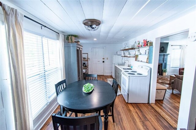 dining area featuring sink, hardwood / wood-style floors, and wooden ceiling