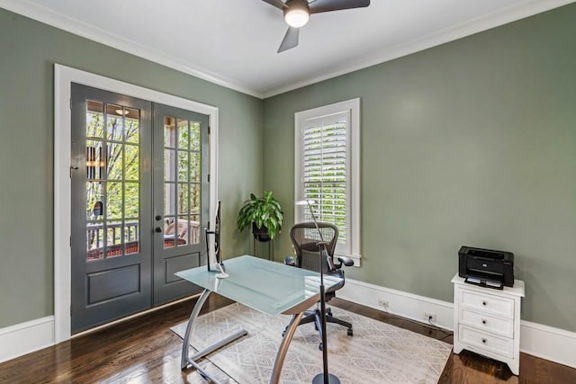 970 N Ormewood Park Dr SE, Atlanta, GA 30316 - office area featuring french doors, ceiling fan, ornamental molding, wood finished floors, and baseboards