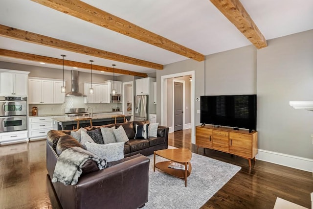 970 N Ormewood Park Dr SE, Atlanta, GA 30316 - living area featuring beam ceiling, baseboards, dark wood-style flooring, and recessed lighting