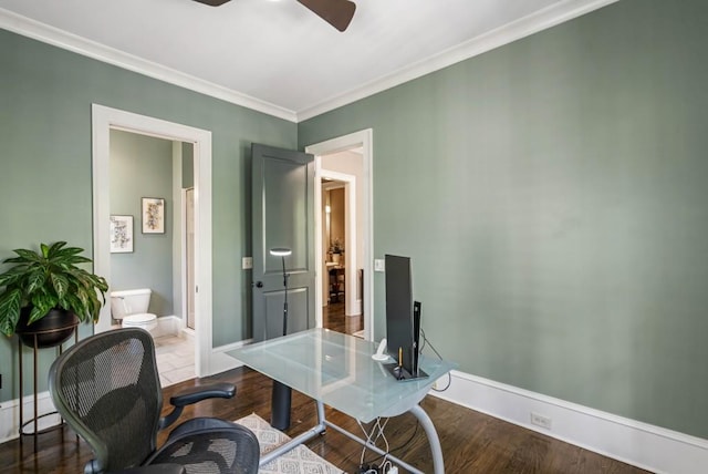 970 N Ormewood Park Dr SE, Atlanta, GA 30316 - home office featuring a ceiling fan, ornamental molding, baseboards, and wood finished floors