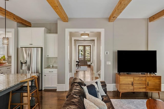 970 N Ormewood Park Dr SE, Atlanta, GA 30316 - living room featuring beam ceiling, dark wood-style flooring, baseboards, and french doors