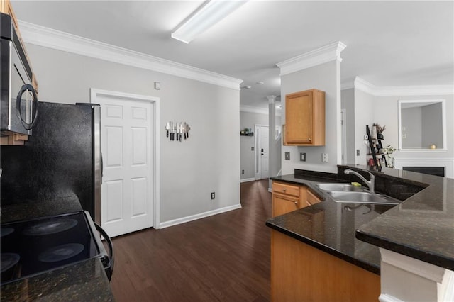 kitchen featuring sink, crown molding, stainless steel fridge, and kitchen peninsula