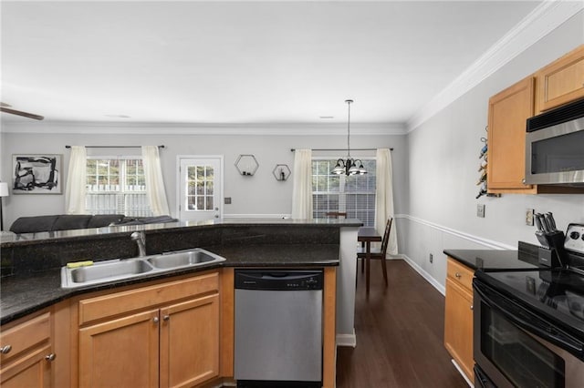 kitchen with ornamental molding, appliances with stainless steel finishes, sink, and a wealth of natural light