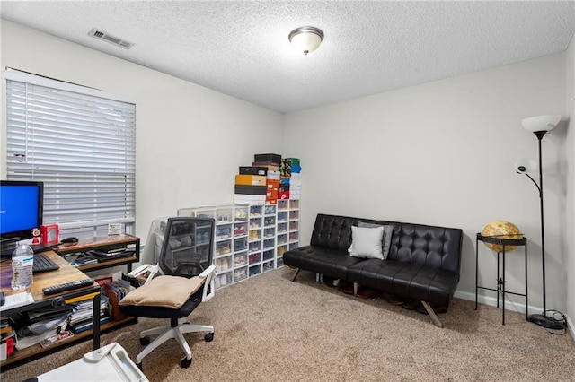 carpeted office with a textured ceiling