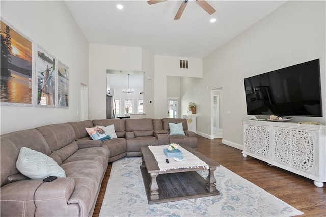 living area with baseboards, recessed lighting, french doors, wood finished floors, and a ceiling fan