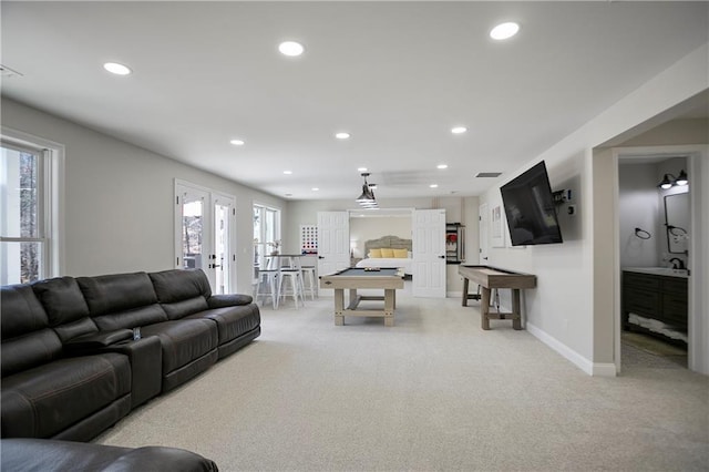 bedroom featuring visible vents, ceiling fan, french doors, access to outside, and dark wood-style flooring