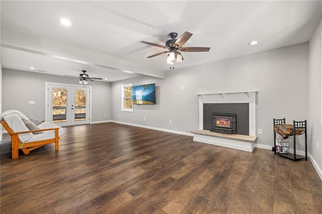 living room featuring ceiling fan, dark wood-type flooring, and french doors