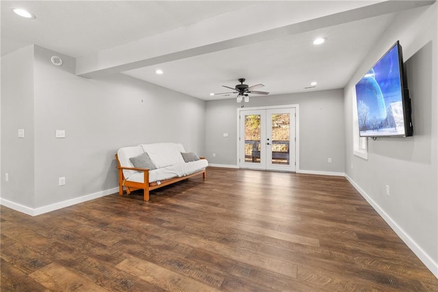 sitting room featuring french doors, dark hardwood / wood-style floors, and ceiling fan