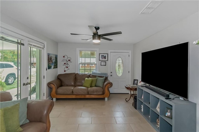 living room featuring ceiling fan