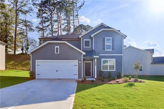 traditional home featuring driveway, an attached garage, and a front yard