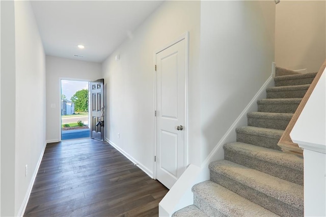 650 Cayenne Way, Lawrenceville, GA 30045 - foyer entrance with stairs, dark wood-style floors, baseboards, and recessed lighting