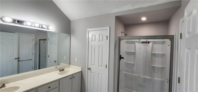 1230 Chris Lake Dr, Lawrenceville, GA 30046 - full bath featuring a stall shower, double vanity, and lofted ceiling