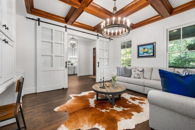 living room featuring coffered ceiling, beamed ceiling, dark hardwood / wood-style flooring, and a barn door