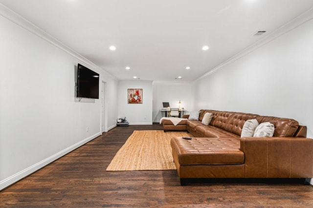 living room featuring ornamental molding and dark hardwood / wood-style floors