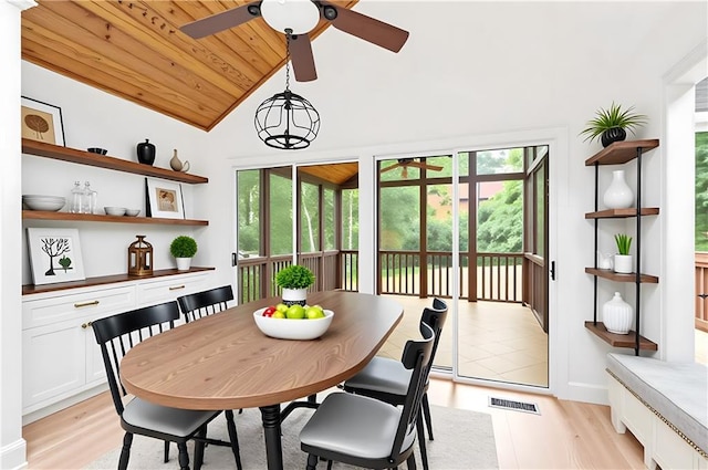dining area featuring lofted ceiling, ceiling fan, light wood-type flooring, and wood ceiling