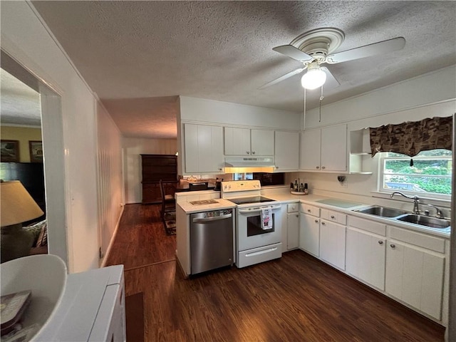4519 Sims Ct, Tucker, GA 30084 - kitchen with dark wood-style flooring, stainless steel dishwasher, a sink, white range with electric stovetop, and under cabinet range hood