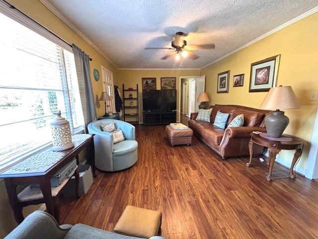 4519 Sims Ct, Tucker, GA 30084 - living area featuring crown molding, a textured ceiling, ceiling fan, and wood finished floors