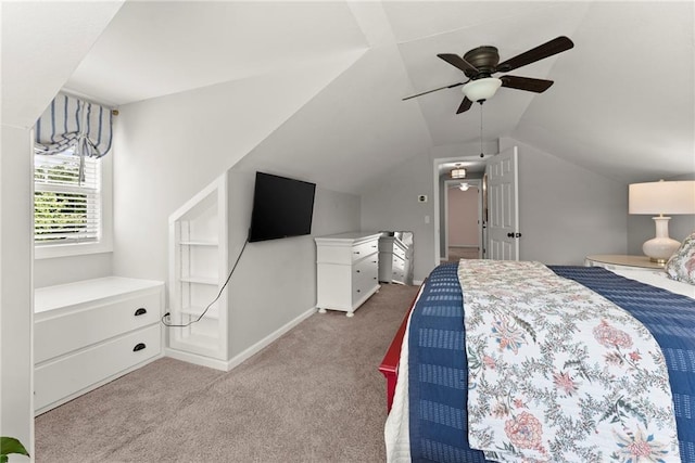 322 Windy Ridge Dr, Demorest, GA 30535 - bedroom featuring light colored carpet, lofted ceiling, and a ceiling fan
