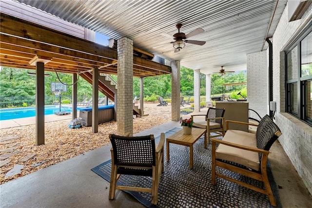 322 Windy Ridge Dr, Demorest, GA 30535 - view of patio with ceiling fan, an outdoor pool, and stairway