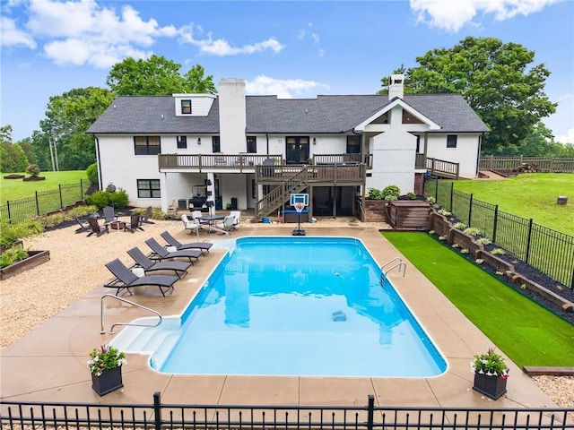 322 Windy Ridge Dr, Demorest, GA 30535 - view of pool featuring stairs, a wooden deck, a fenced backyard, and a patio area