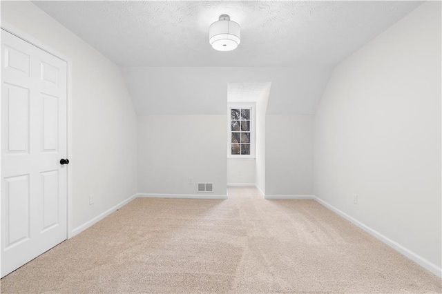 additional living space with lofted ceiling, light carpet, and a textured ceiling