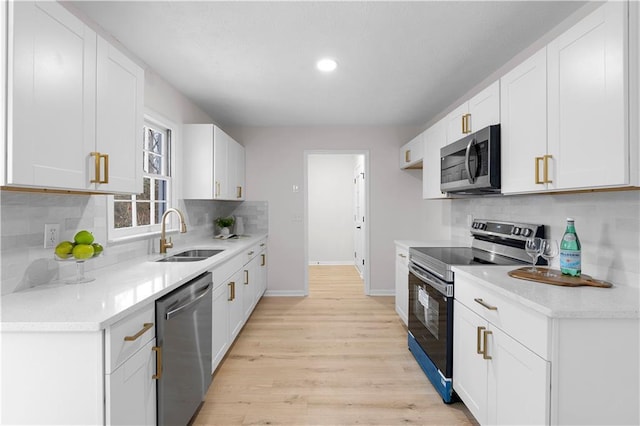 kitchen featuring sink, white cabinets, decorative backsplash, stainless steel appliances, and light wood-type flooring