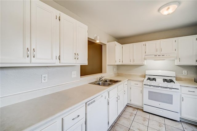 kitchen with white cabinetry, sink, light tile patterned floors, and white appliances