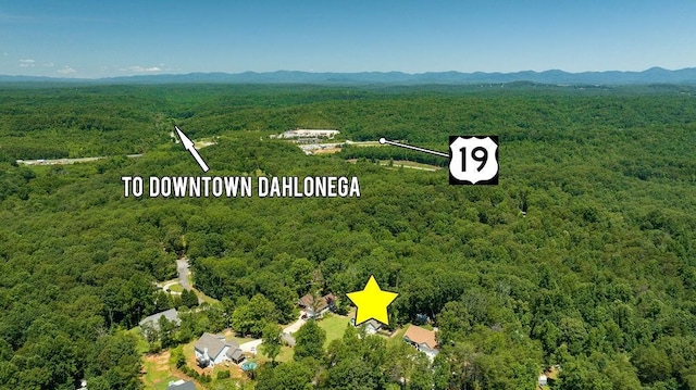 aerial view featuring a mountain view and a view of trees