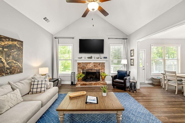 living room with wood finished floors, plenty of natural light, and a fireplace