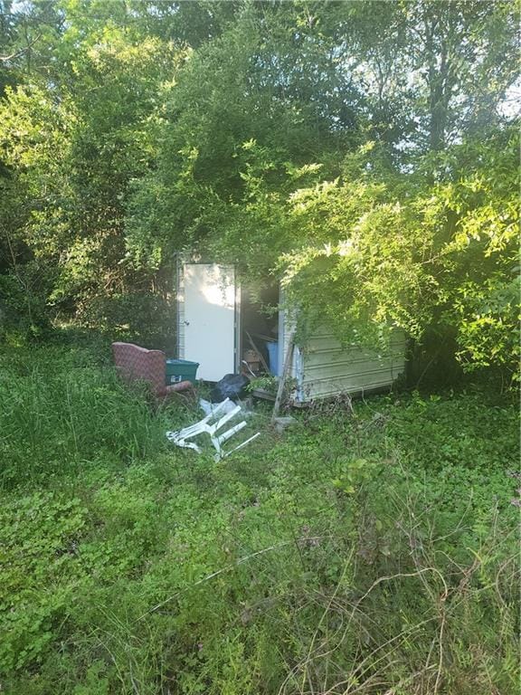 view of yard featuring a storage unit and an outbuilding